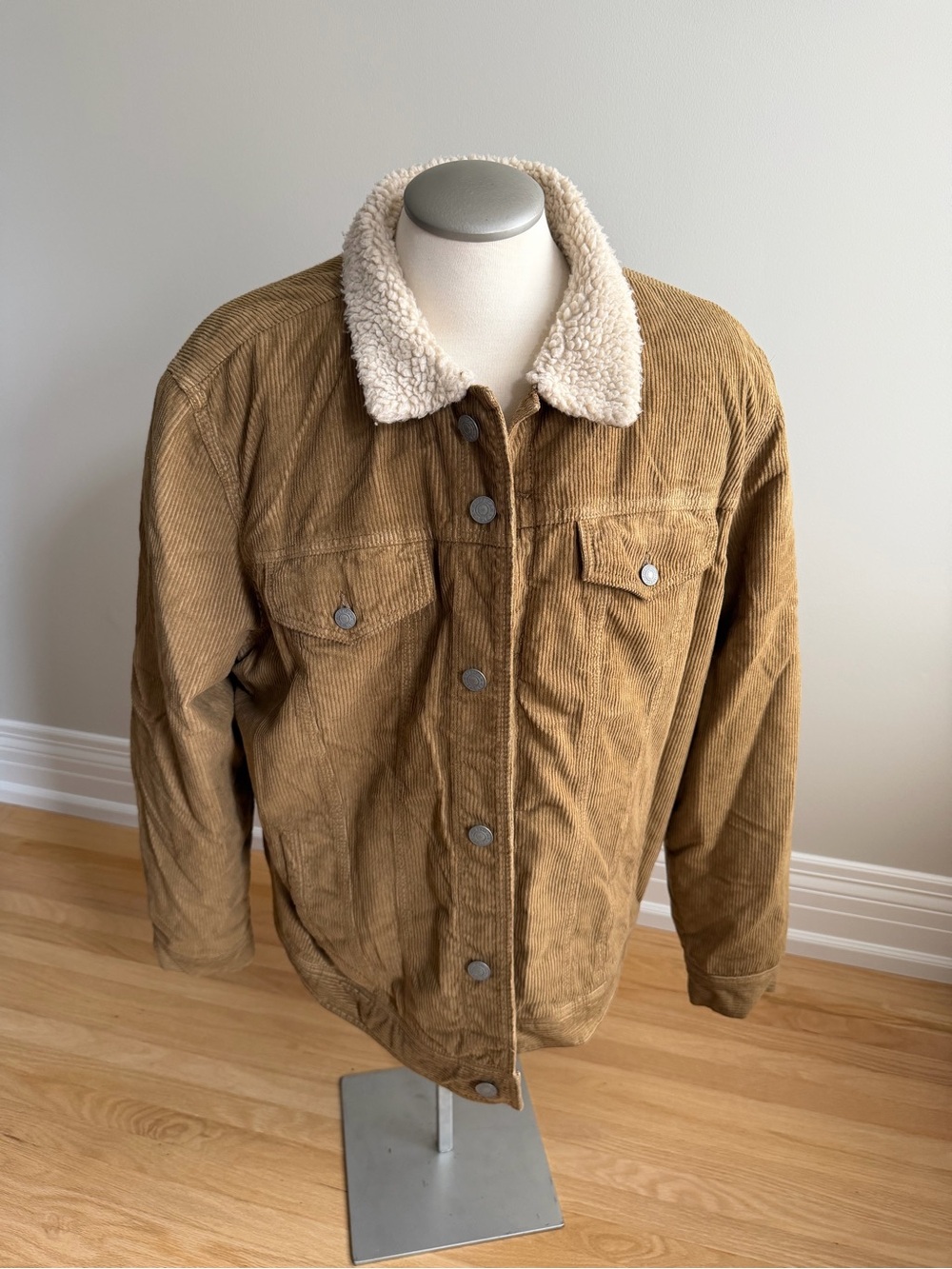 American Eagle Outfitters Tan Corduroy Bomber Jacket with Cream Sherpa Collar